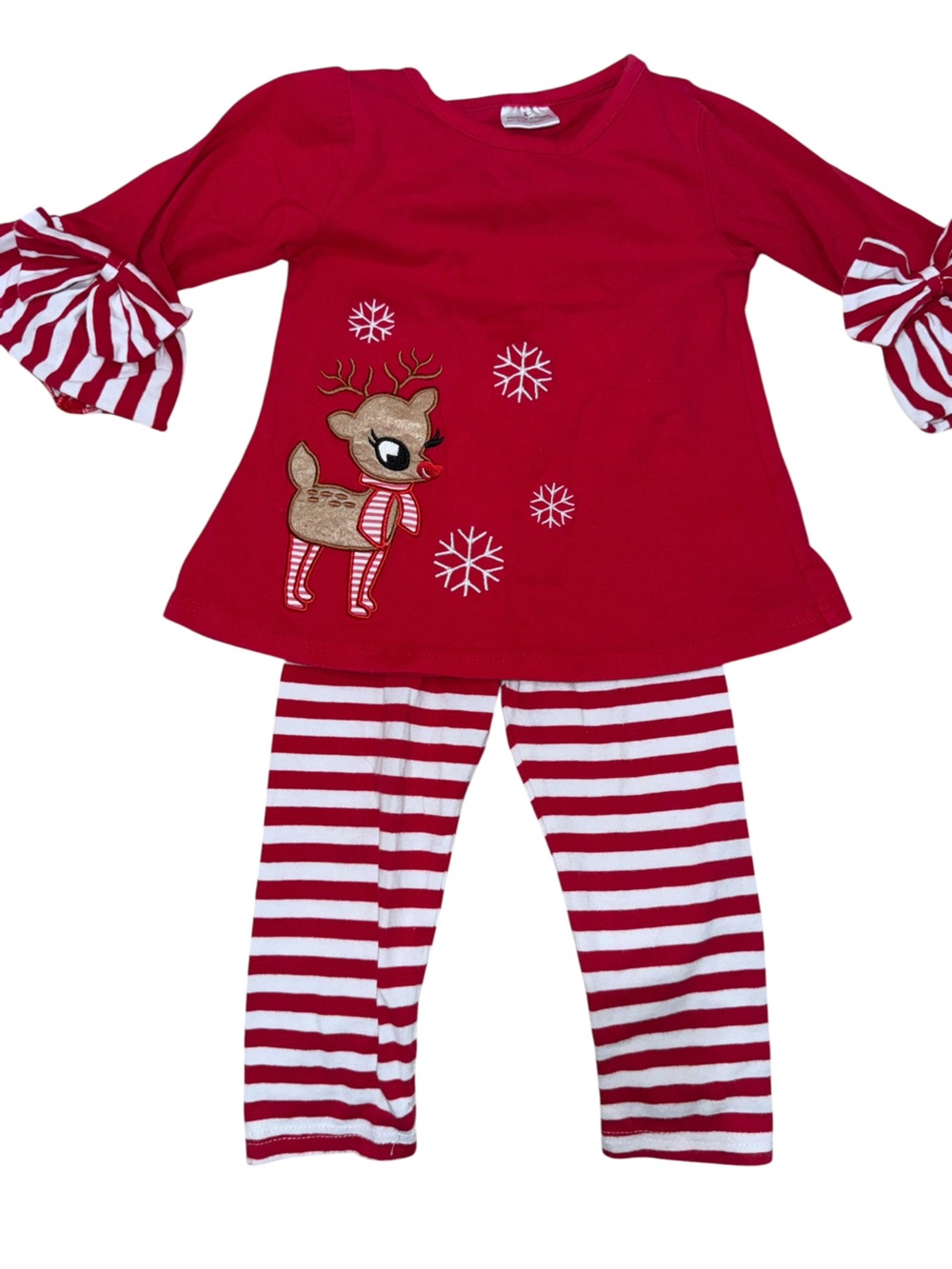 Girls Red Reindeer Stripe Pajama Set